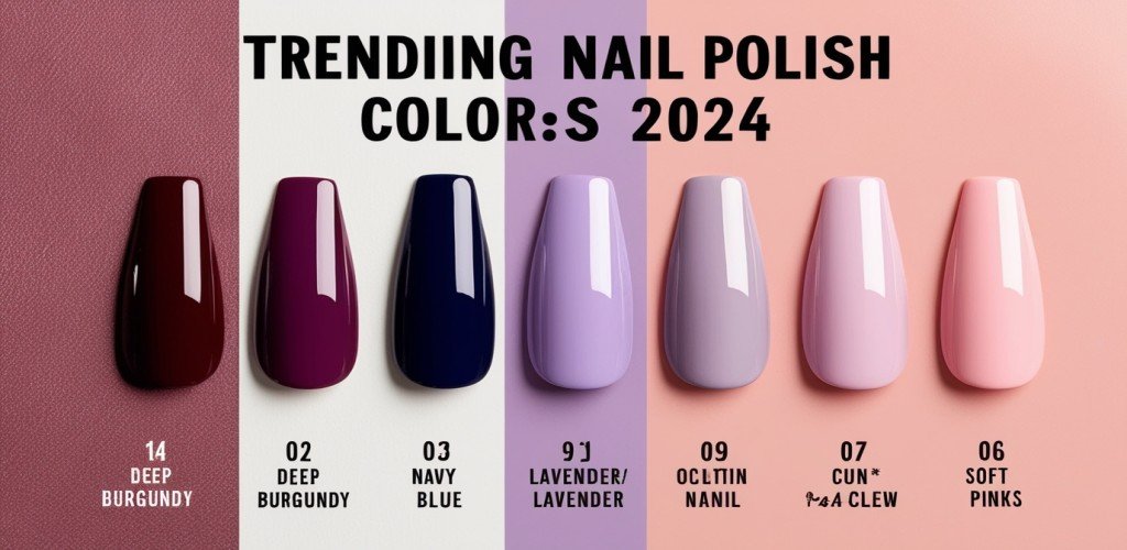 A color palette displaying the trending nail polish colors for 2024