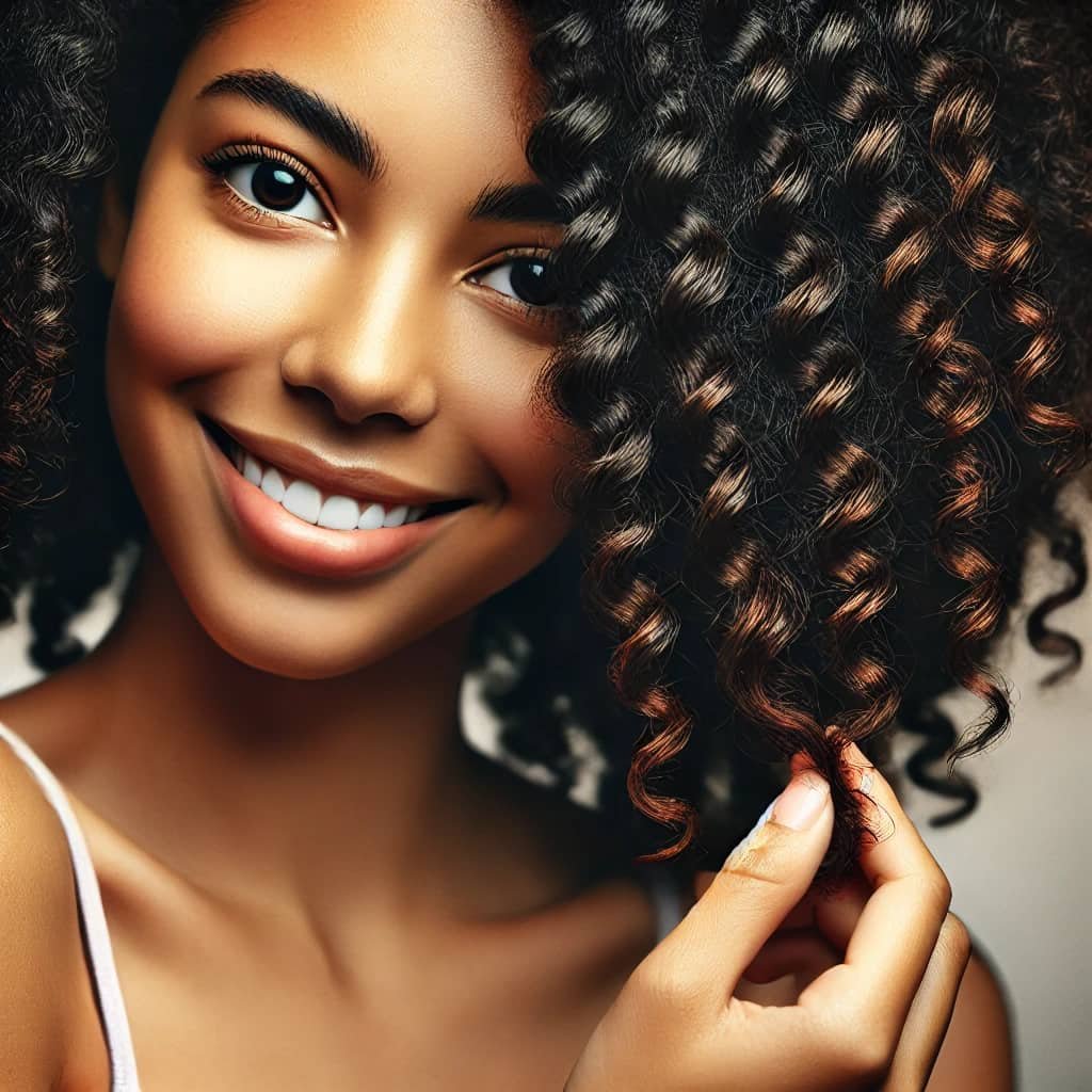 A close-up of a woman's 3C hair styled in a defined twist-out