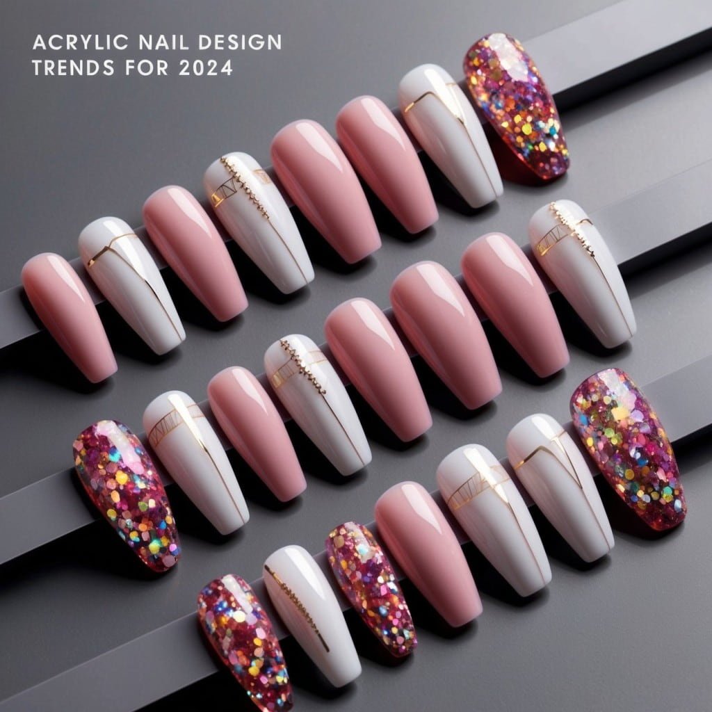A set of nails featuring the latest acrylic nail design trends for 2024