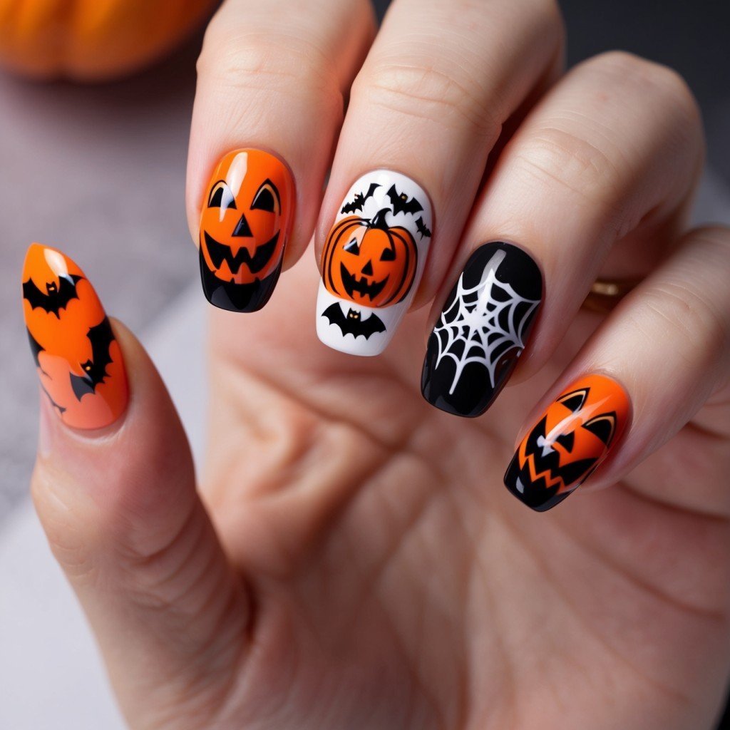 Halloween-themed nail art featuring spooky designs and vibrant colors
