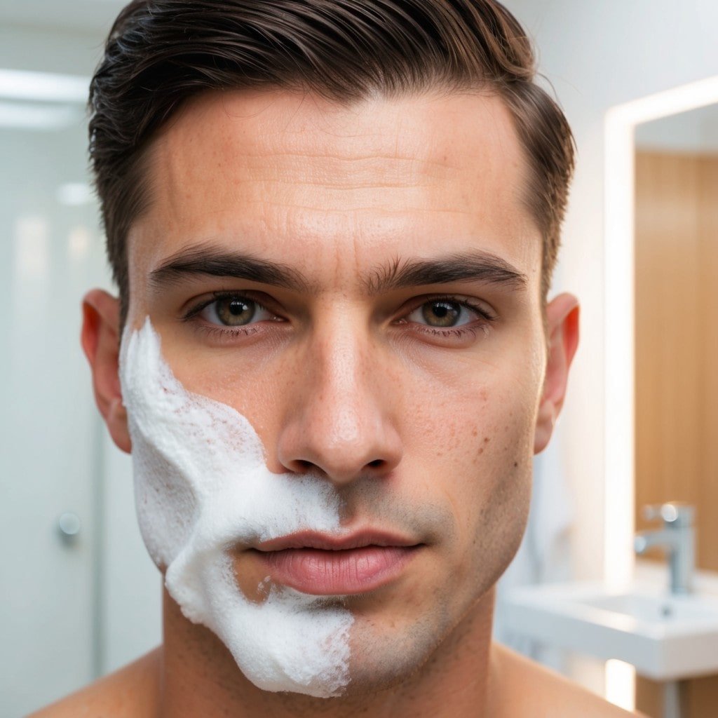 A close-up of a person's face, half-shaved with foam on one side and clear, smooth skin on the other