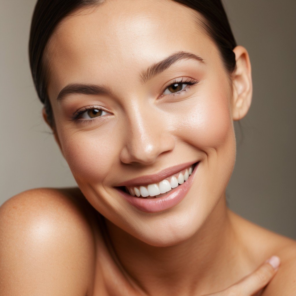 A close-up of a smiling woman with glowing, even-toned skin
