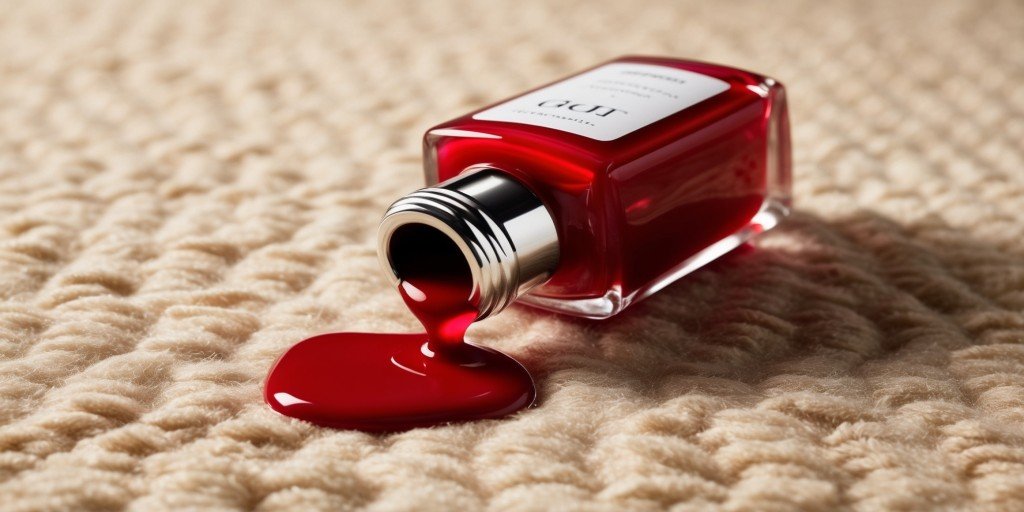 A close-up shot of a fresh nail polish spill on a beige carpet with a cleaning cloth nearby,