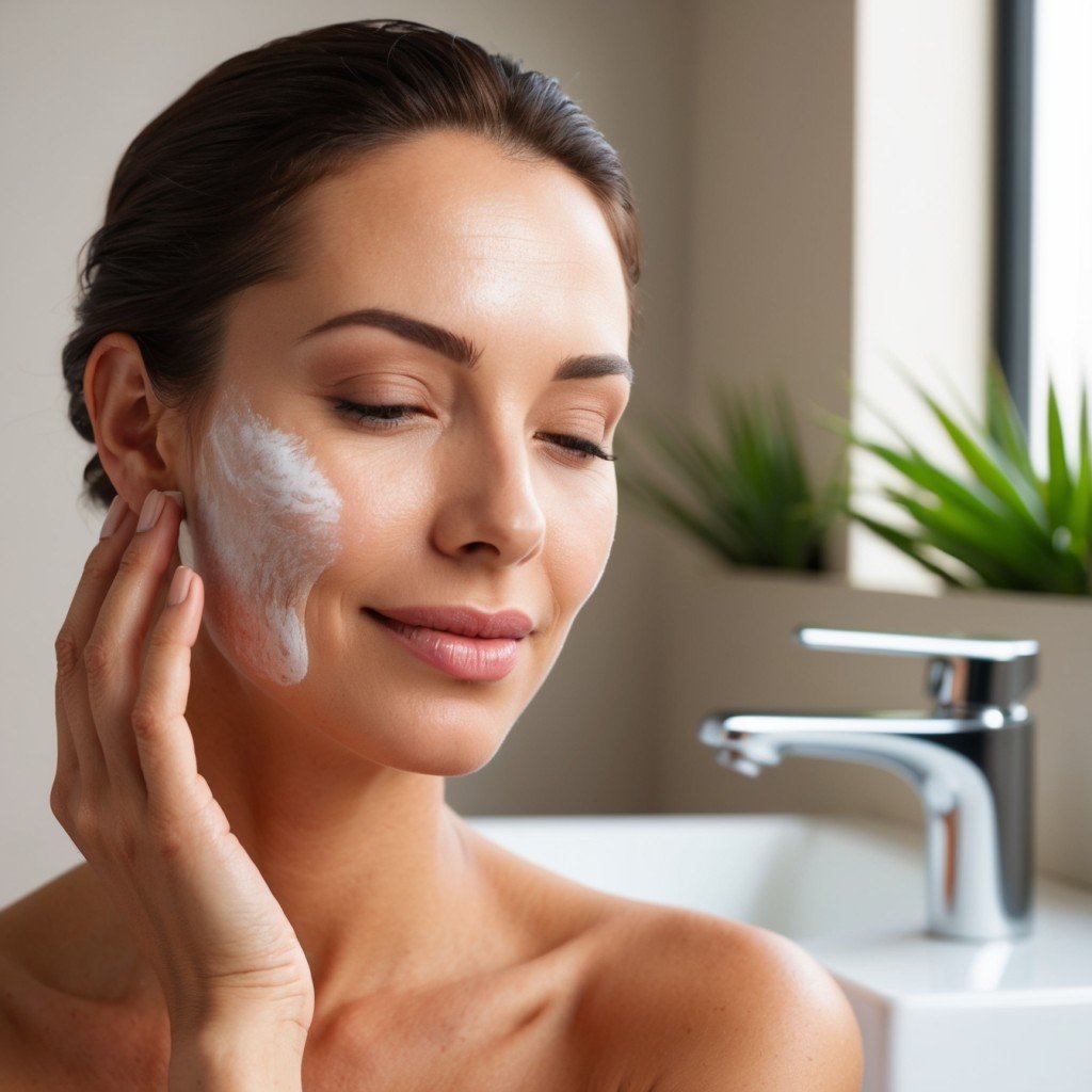A close-up of a woman applying a gentle exfoliating scrub to her face
