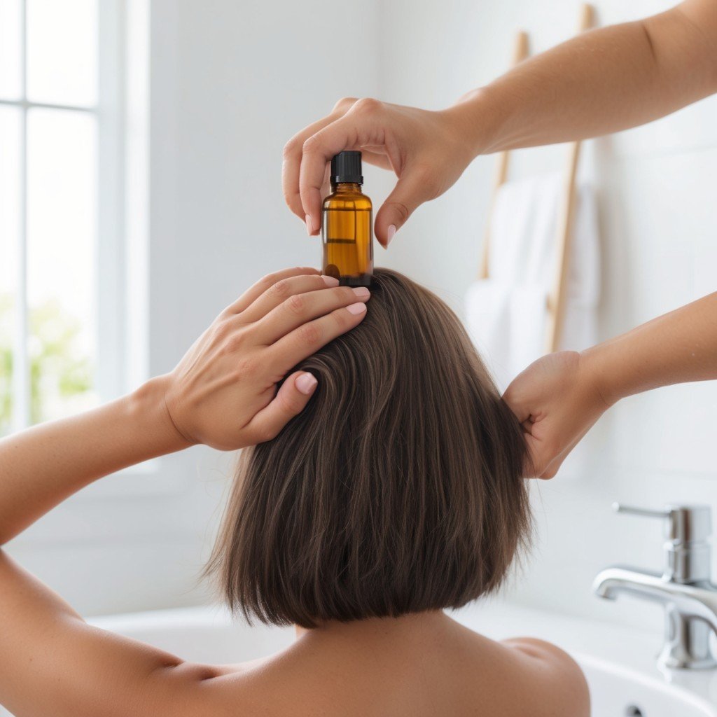 Close-up of a woman massaging her scalp with Essential Oil of Rosemary, showcasing healthy, thick hair in a serene bathroom setting.