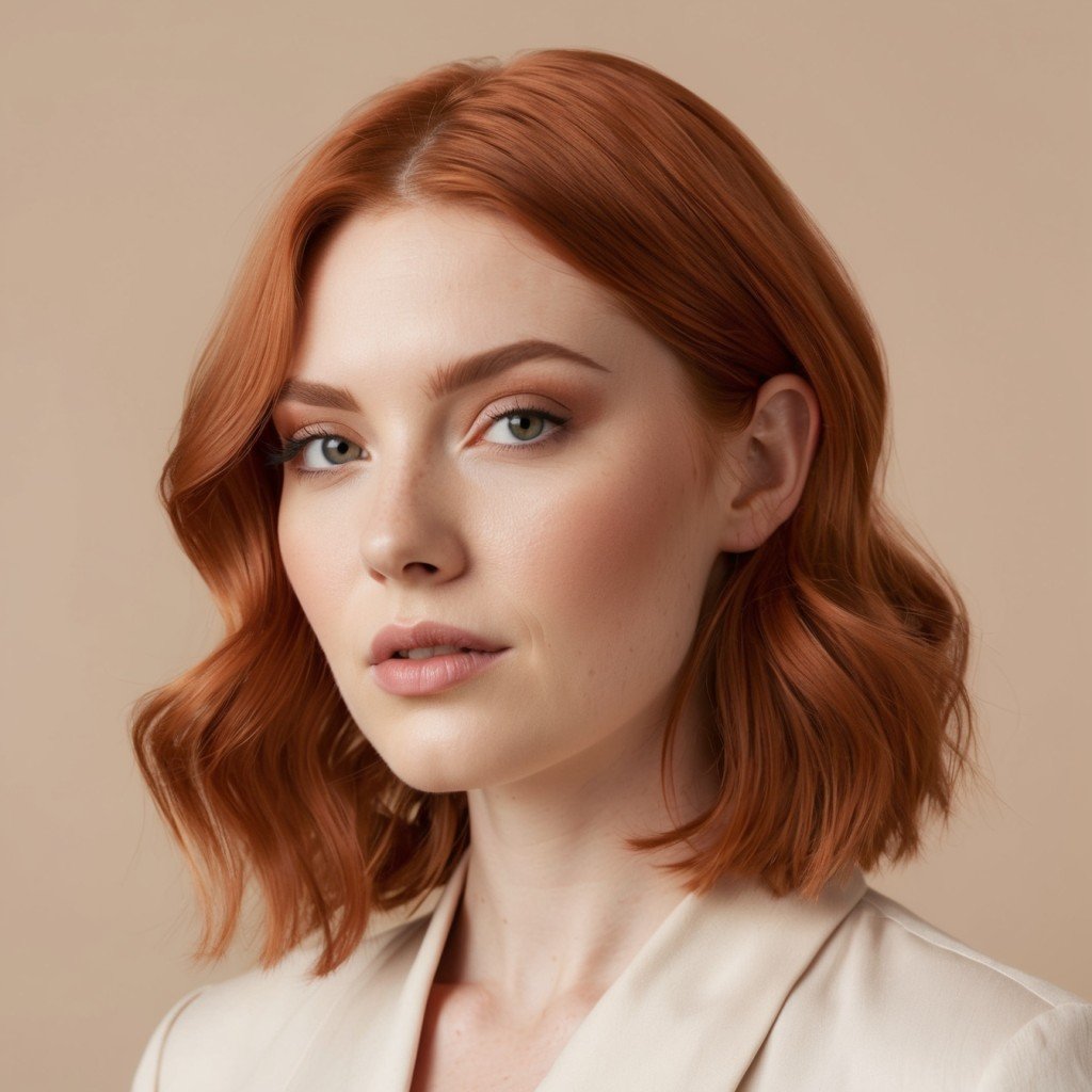 A close-up of a woman with light auburn hair