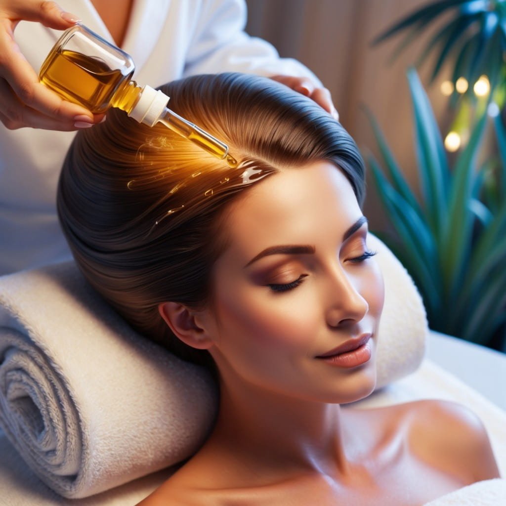 A close-up of a woman's hair being treated with natural oils
