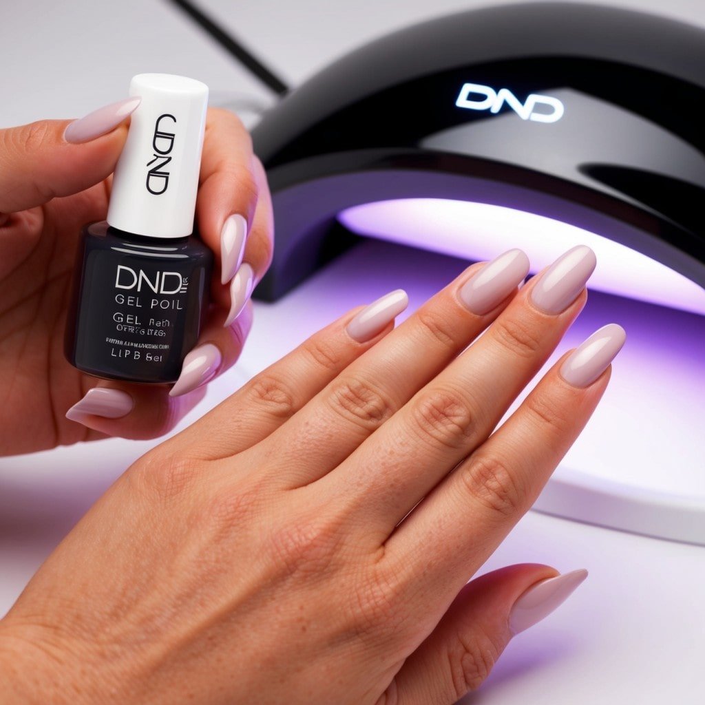 A close-up of a woman's hand as she applies a base coat of DND gel nail polish