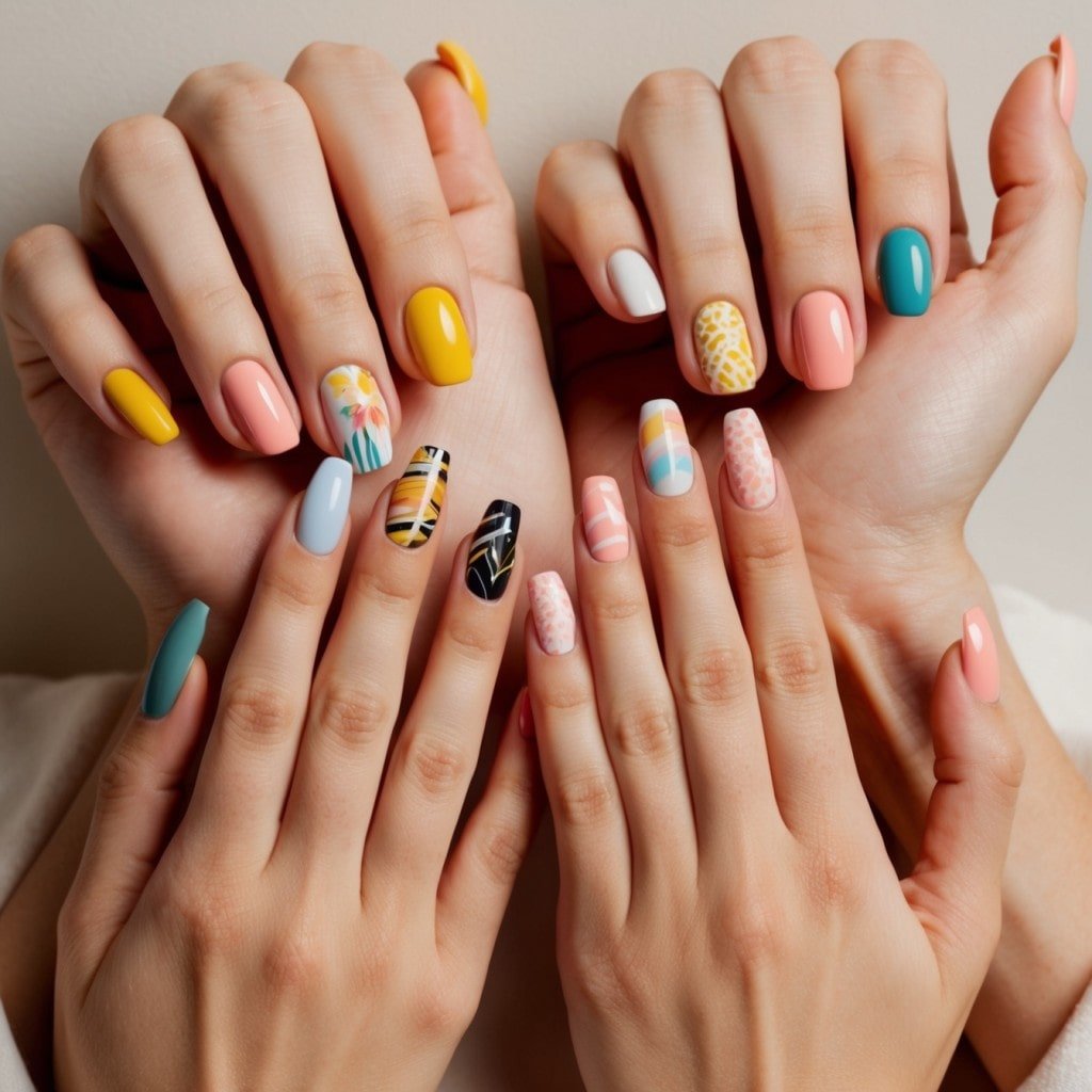 showcasing well-manicured nails in a variety of summer designs