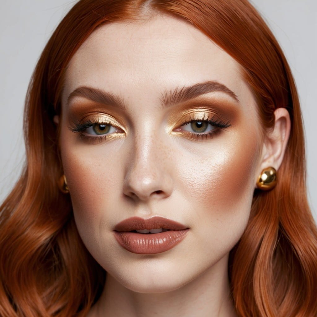A close-up shot of a woman's face with auburn hair, wearing warm-toned makeup