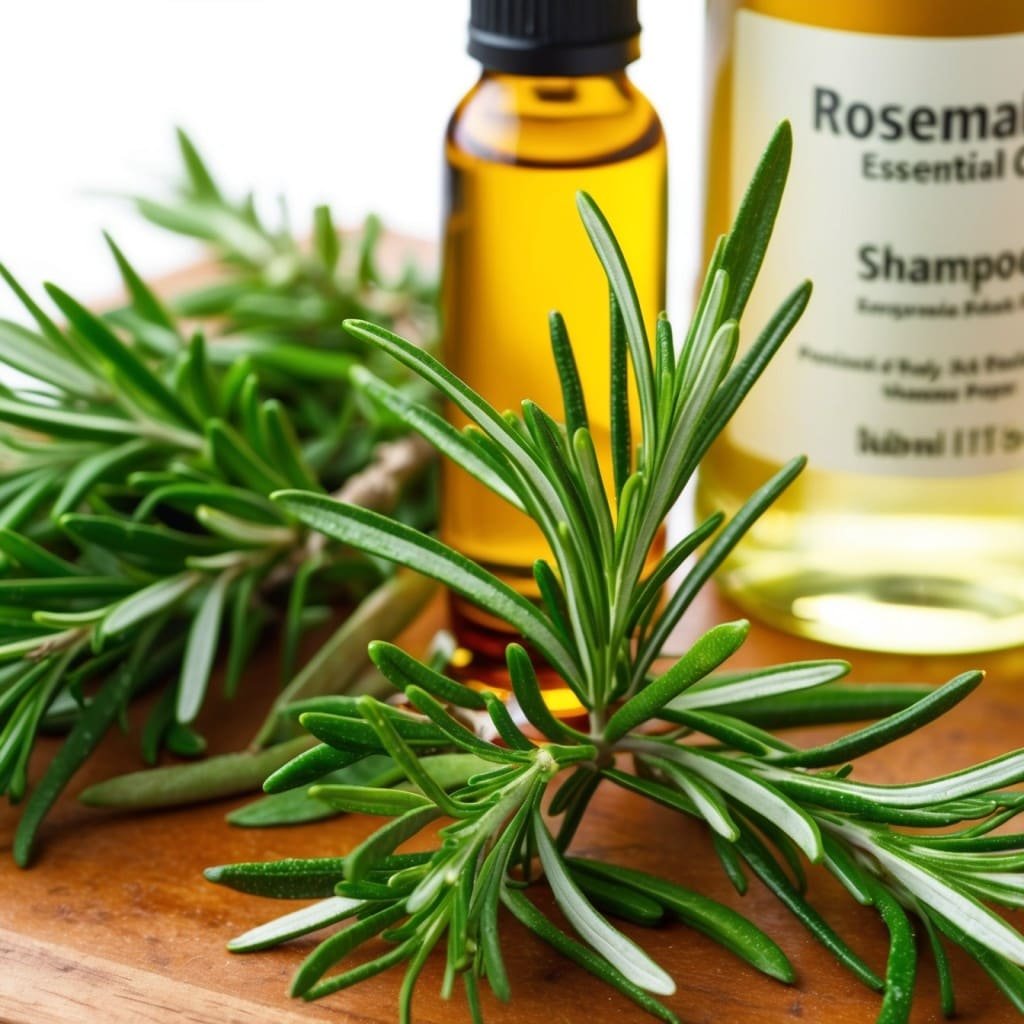  rosemary leaves and a bottle of essential oil with shampoo