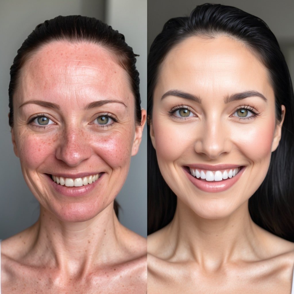 A collage of before-and-after photos showing clear skin results from using Face Reality Skincare products,