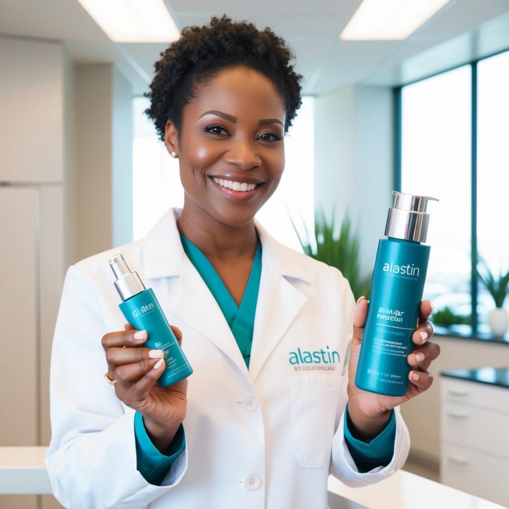 A confident dermatologist in a white lab coat holding Alastin Skincare products
