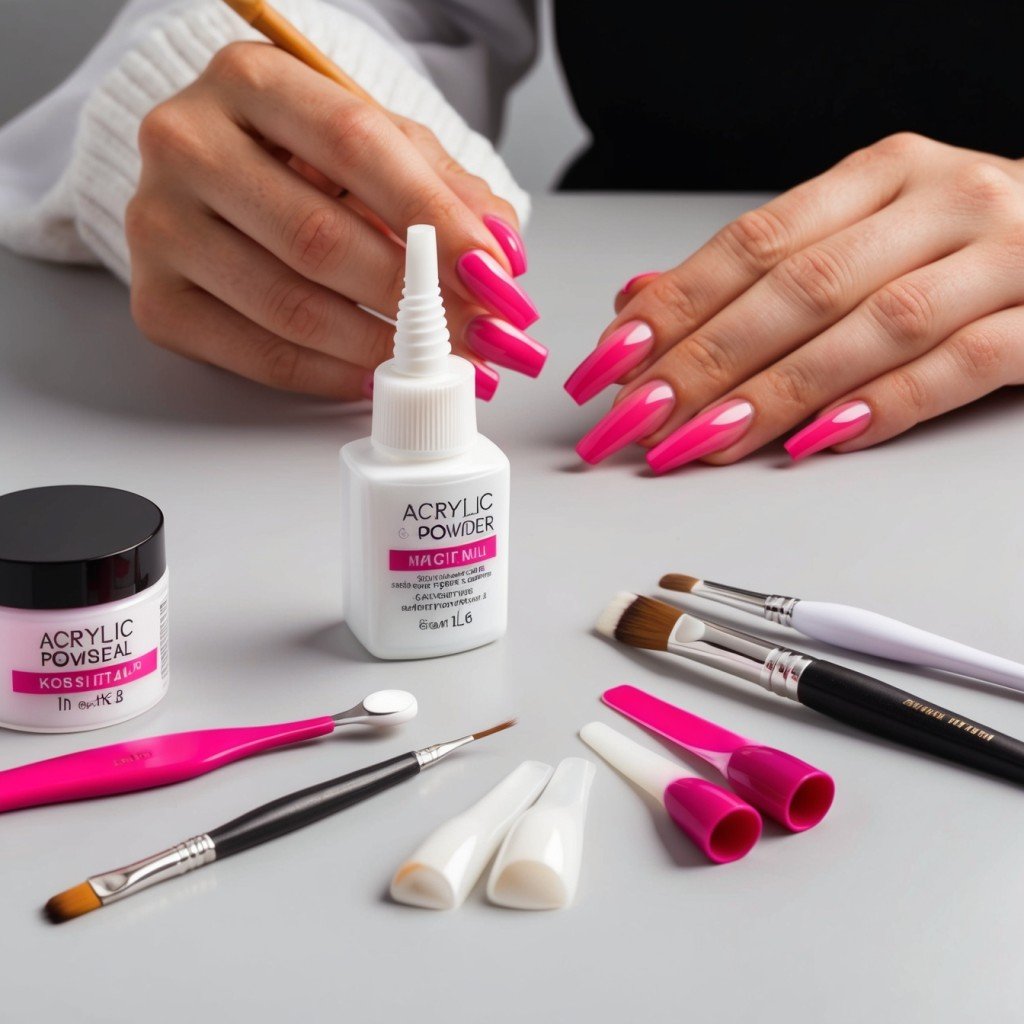 A detailed scene of a person applying acrylic nails