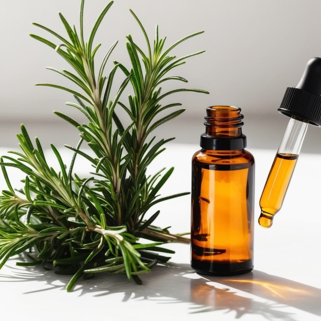 Fresh rosemary sprigs next to a bottle of amber-colored essential oil with a dropper, set against a clean white background with natural lighting.