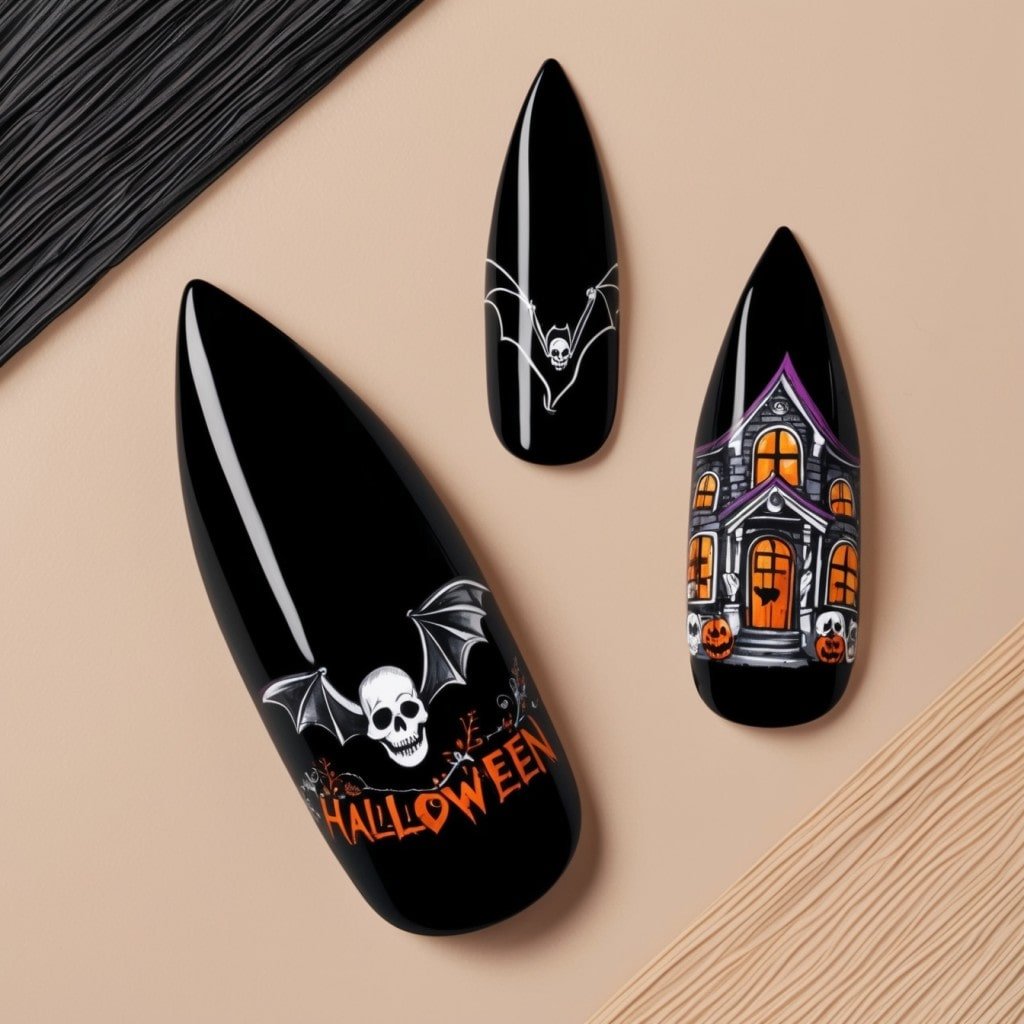 A display of three different nail shapes (coffin, stiletto, almond)