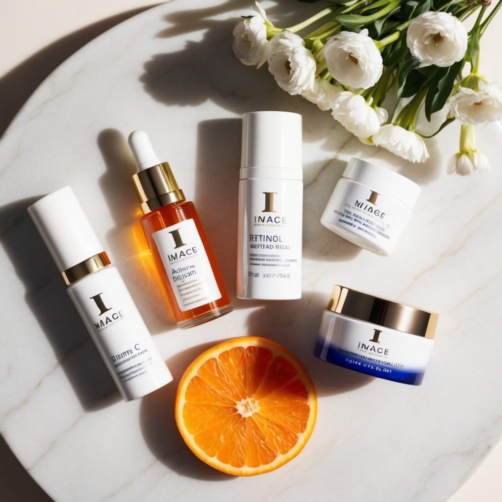 Image Skincare products arranged aesthetically on a marble countertop