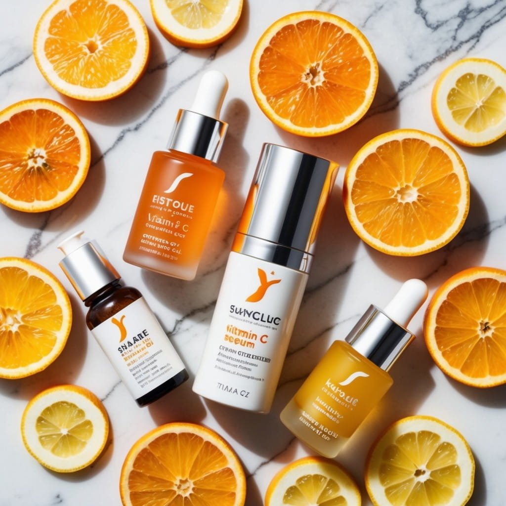 A flat lay of skincare products, including a vitamin C serum and other antioxidant-rich products