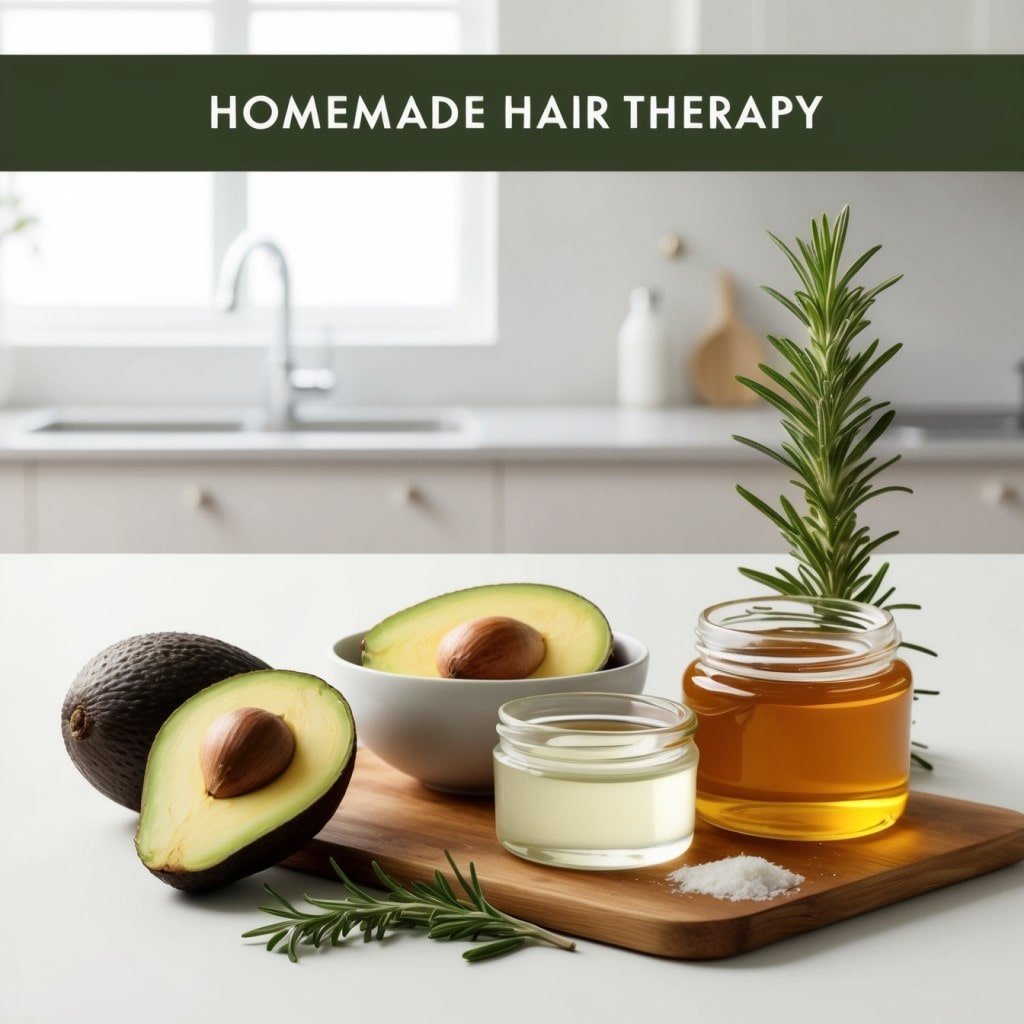 A flat-lay image of a kitchen table with natural ingredients laid out for making a homemade hair mask.