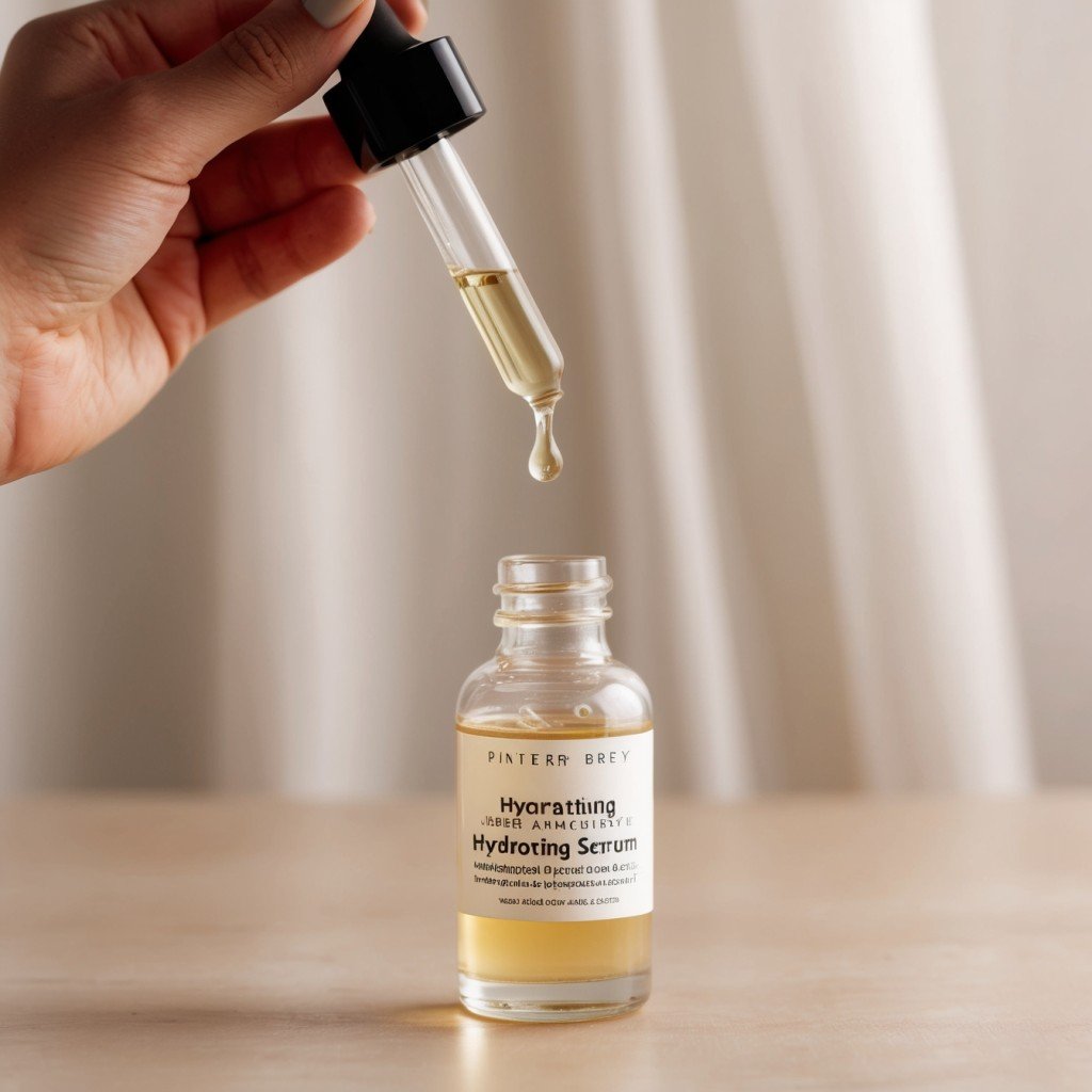 A hand holding a glass dropper above a clear bottle of hydrating serum