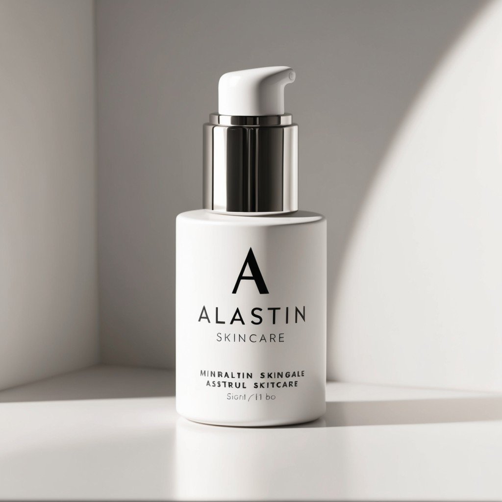 A high-end, minimalist skincare bottle with a sleek design, labeled 'Alastin Skincare'