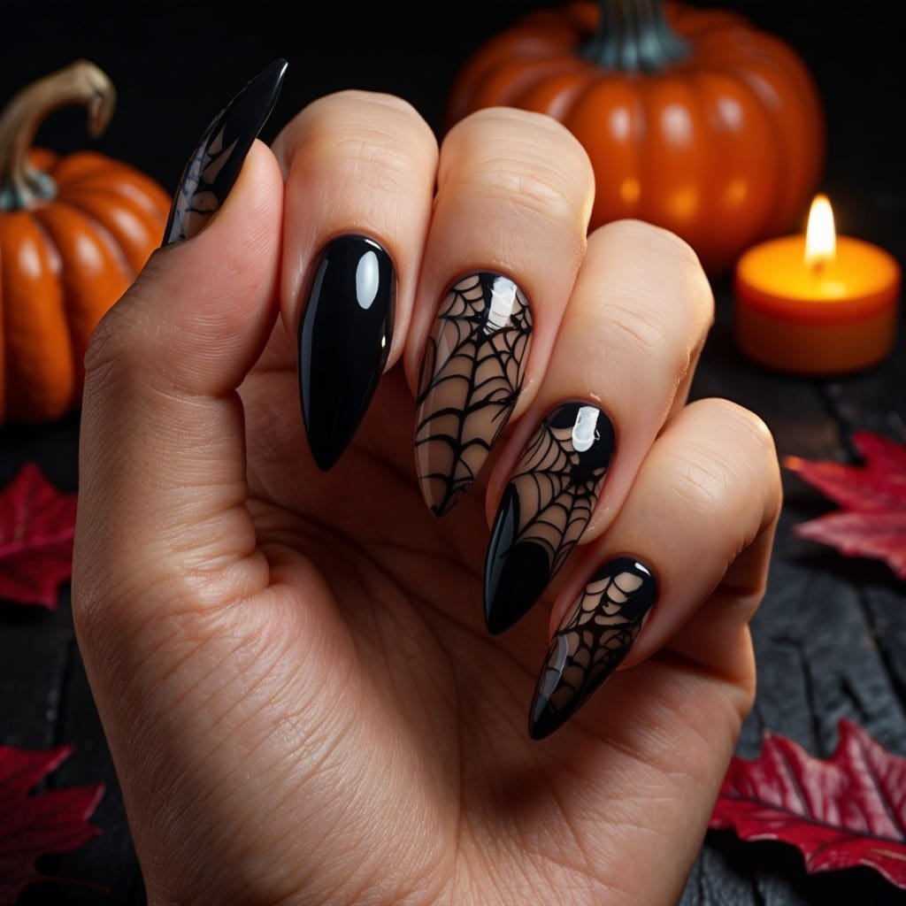 A close-up of a hand with black Halloween nails featuring a mix of matte and glossy finishes