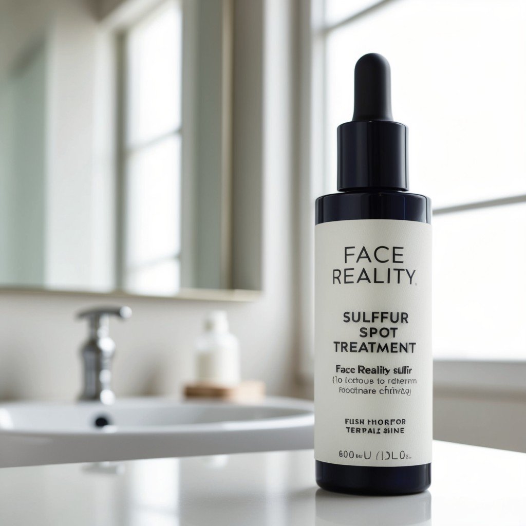high-quality close-up shot of the Face Reality Sulfur Spot Treatment bottle placed on a clean, minimalist bathroom counter.