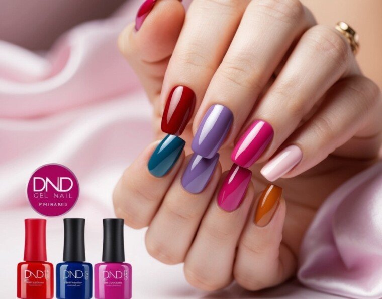 a woman's hand with perfectly manicured nails in various shades of DND gel nail polish