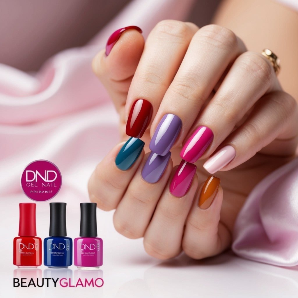 a woman's hand with perfectly manicured nails in various shades of DND gel nail polish