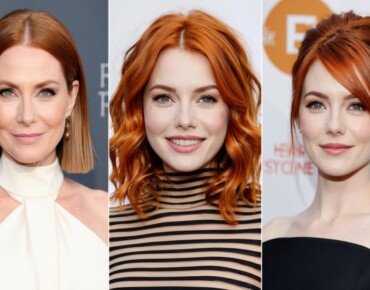 A montage of three celebrities known for their auburn hair,