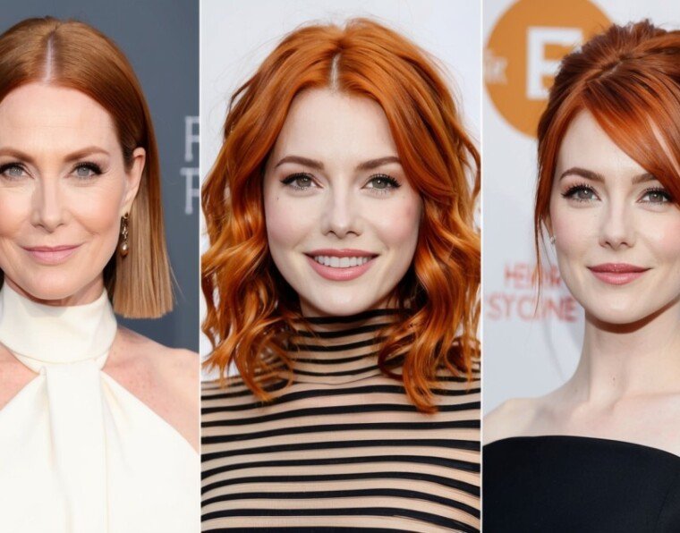 A montage of three celebrities known for their auburn hair,