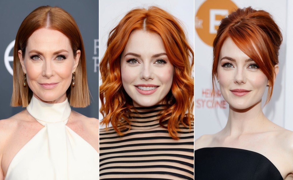 A montage of three celebrities known for their auburn hair,
