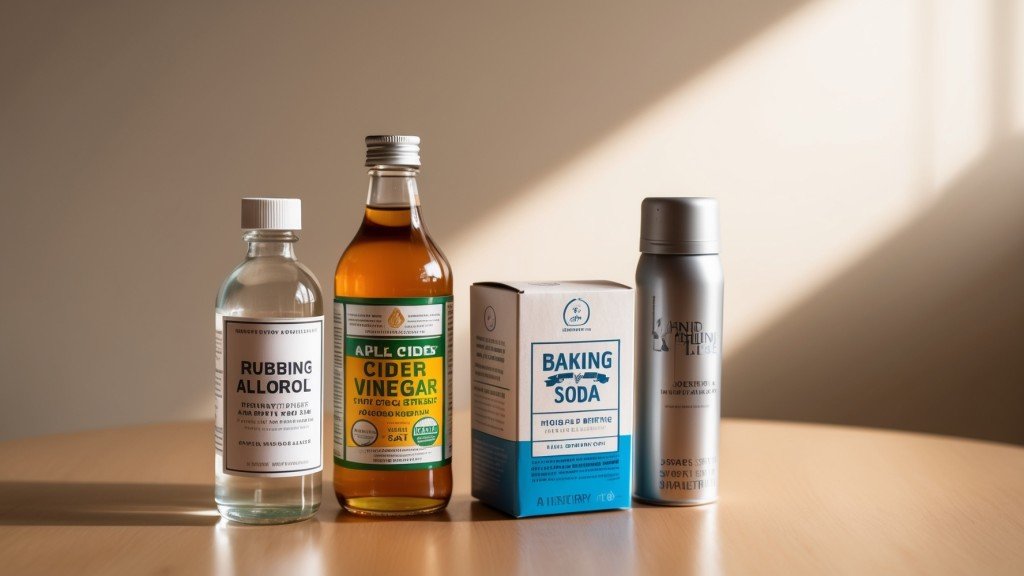 household items like rubbing alcohol, vinegar, baking soda, and hairspray on a table