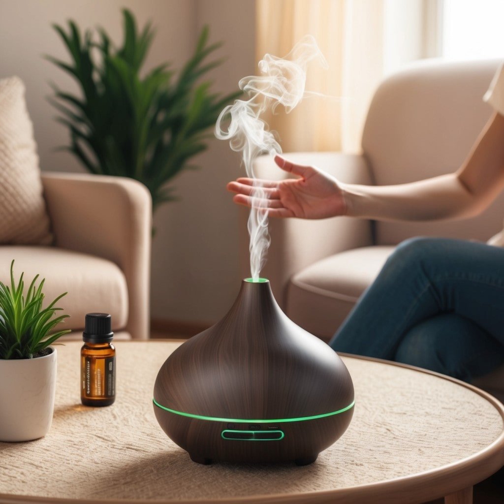 Person practicing aromatherapy with Rosemary Plant Oil in a diffuser, in a cozy room with soft lighting and green plants.