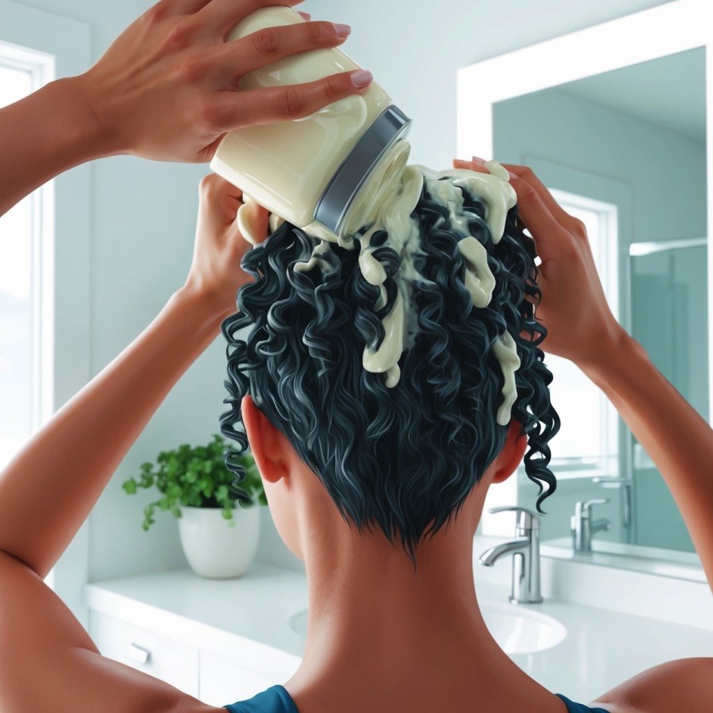 A person with damp curly hair applying a thick, creamy conditioner to their hair