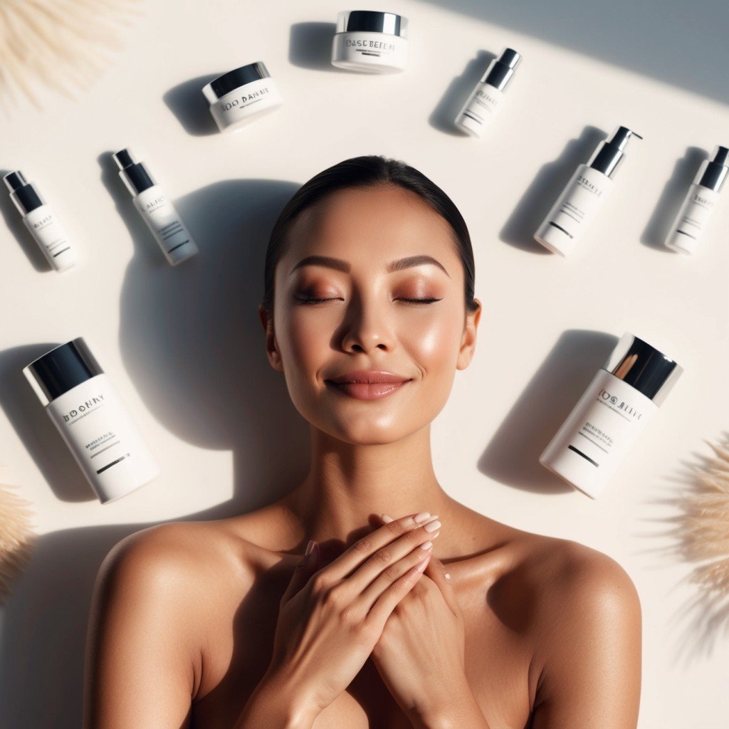A serene and confident individual with flawless skin, surrounded by Face Reality Skincare products, radiating health and clarity.