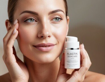 a woman with glowing, flawless skin, gently applying Alastin Skincare products to her face.