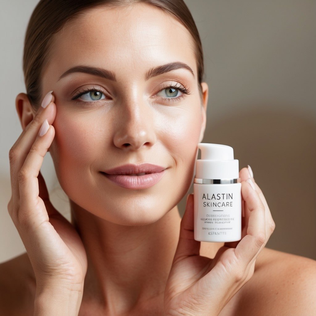 a woman with glowing, flawless skin, gently applying Alastin Skincare products to her face.
