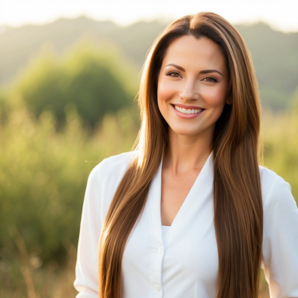 image of a woman with long, healthy, and shiny hair standing in a natural setting, smiling and feeling confident.