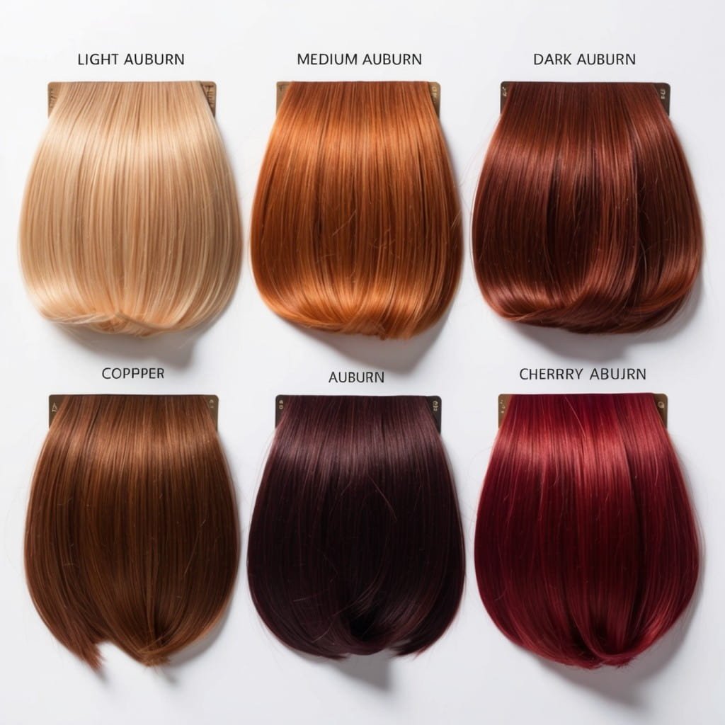 A series of hair color swatches showing the different shades of auburn hair
