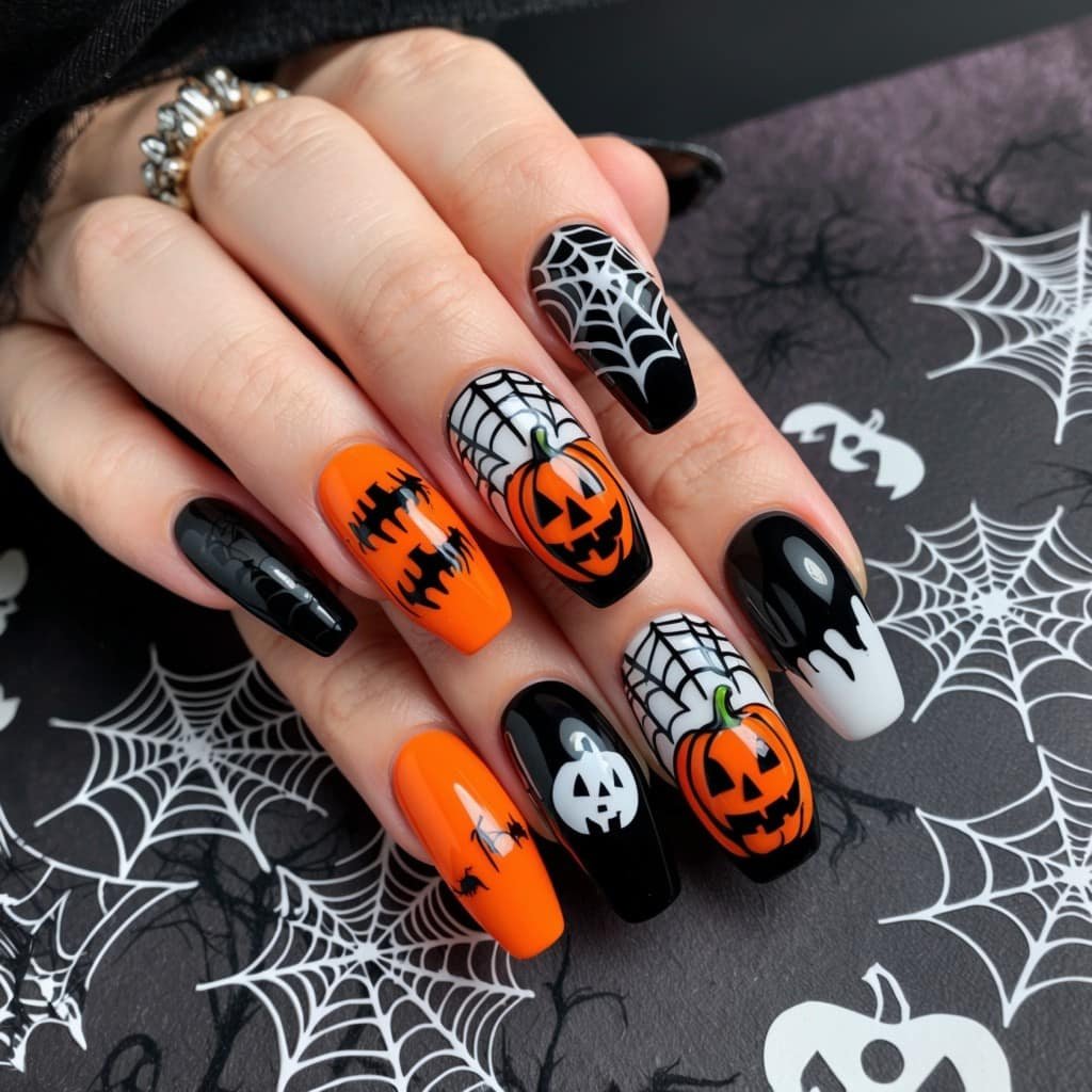 Halloween acrylic nails featuring a variety of spooky designs