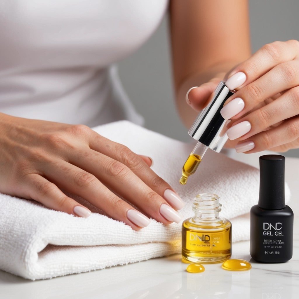 A soft-focus image of a woman's hand being moisturized with cuticle oil, with a DND gel manicure visible