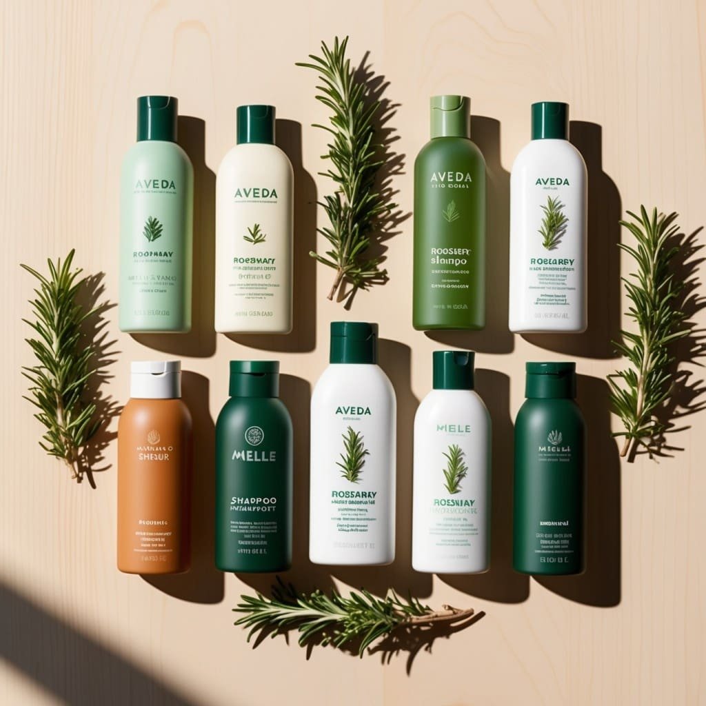  various rosemary shampoo bottles from different brands (e.g., Aveda, Mielle)