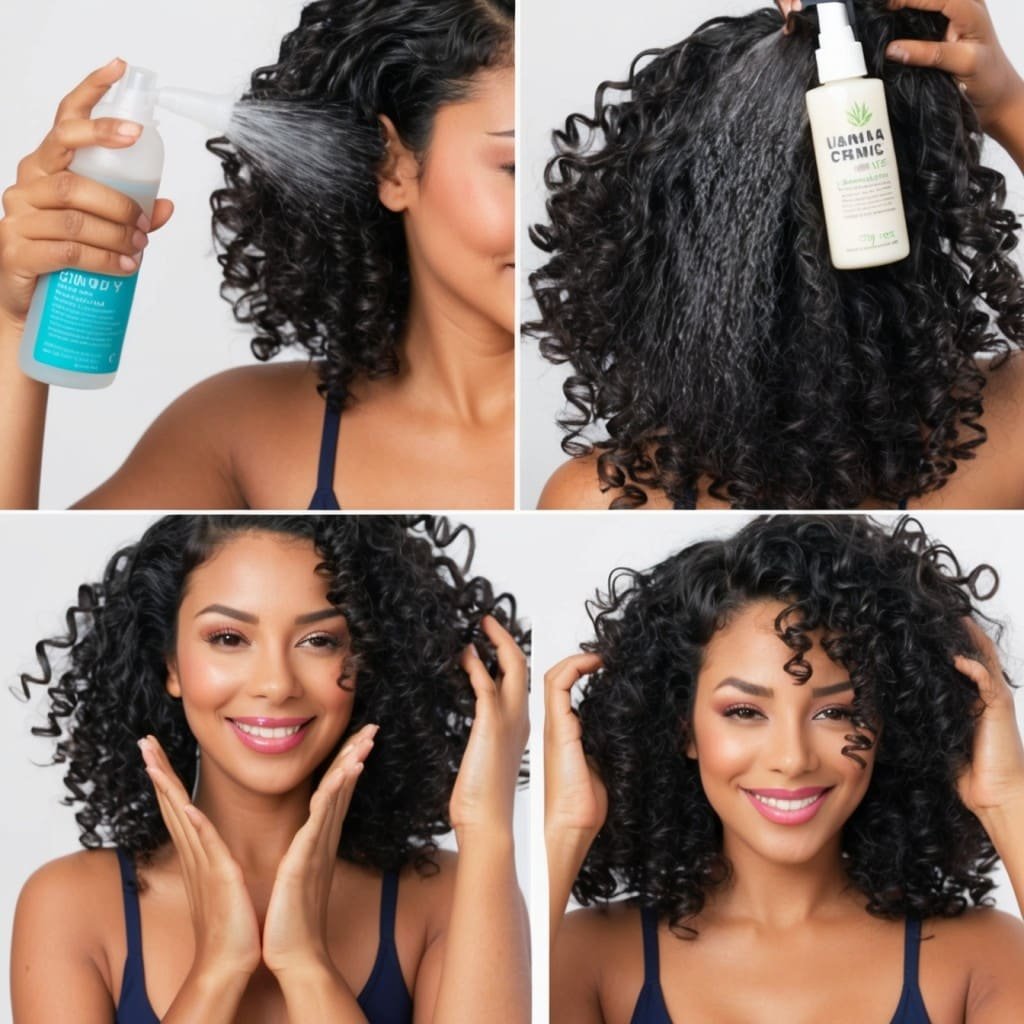 visual guide showing a woman with 3c hair refreshing her curls in the morning by spritzing with water