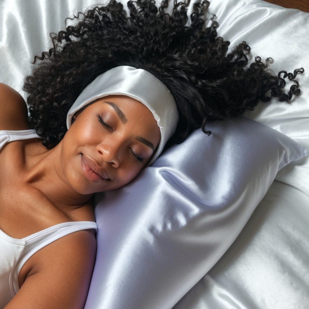 A woman with 3c hair wearing a satin bonnet, sleeping on a satin pillowcase.