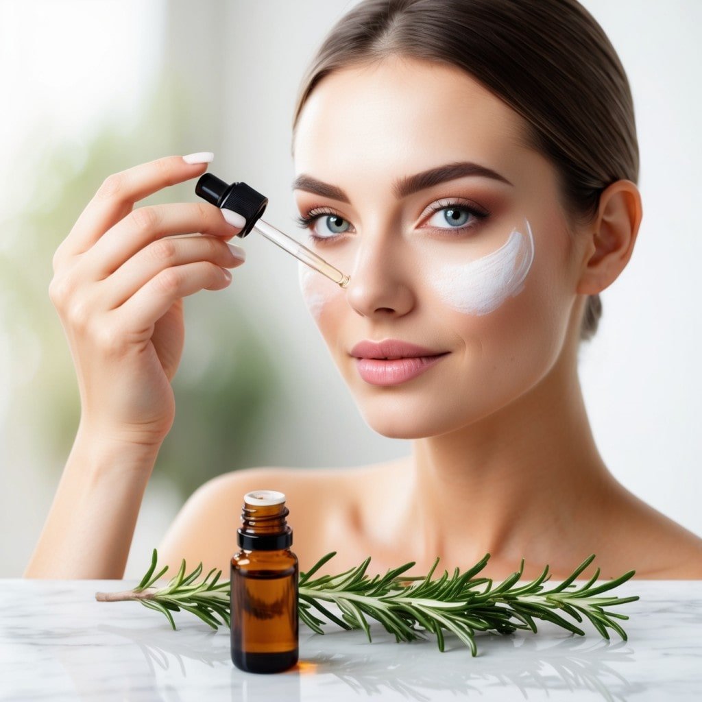 Young woman applying Rosemary Plant Oil to her face with a dropper, with clear, glowing skin and rosemary sprigs on a marble countertop
