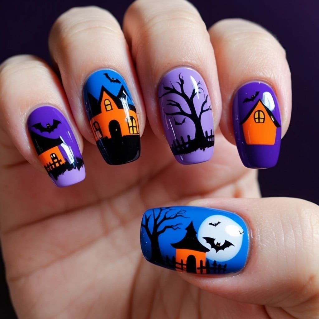 Halloween acrylic nails with a haunted house scene