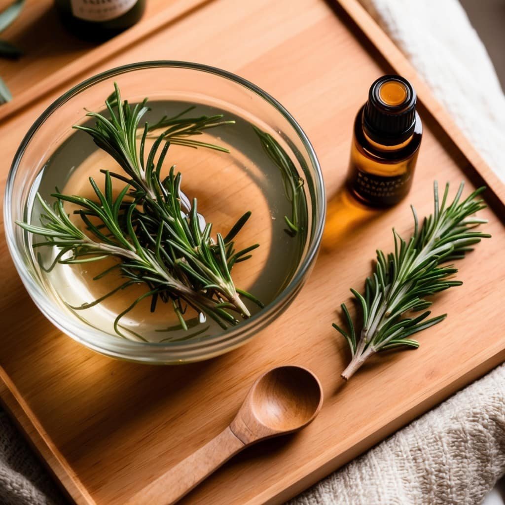 An overhead view of a DIY setup for making rosemary shampoo