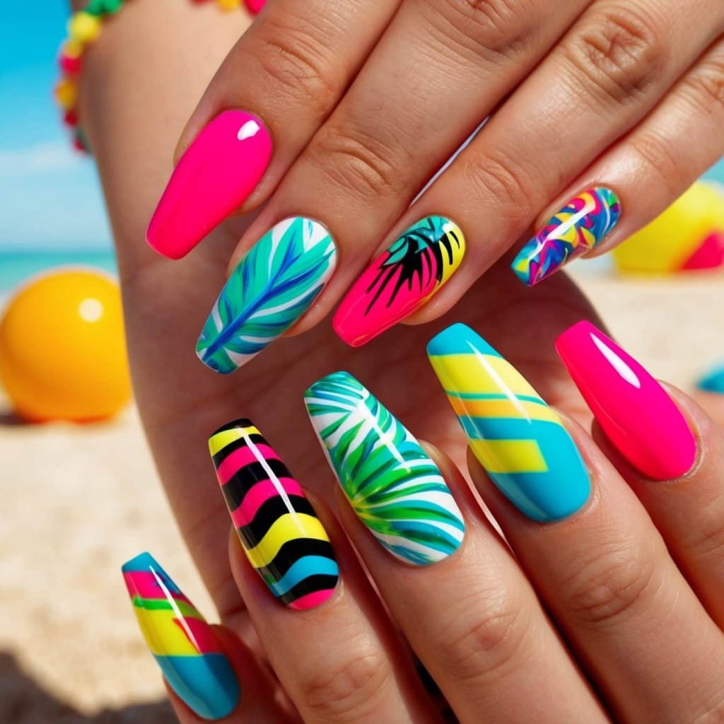 Vibrant summer nail designs showcasing trendy patterns and bold colors for the season.
