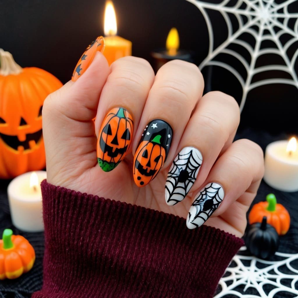 Close-up of press-on nails featuring a mix of cute pumpkins, bats, and spiderweb designs 